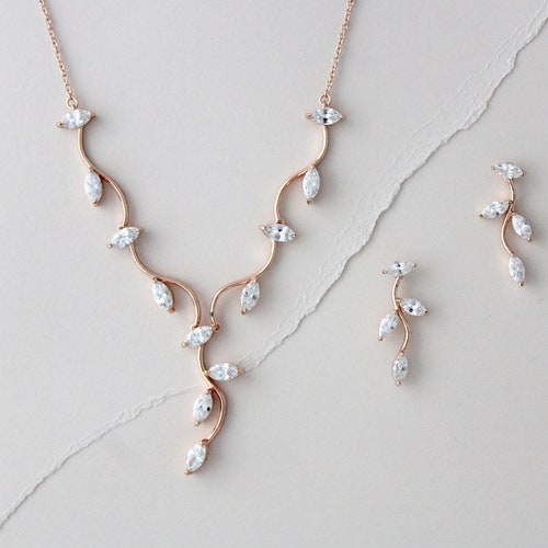 Dainty Rose Gold Necklace and Earring Set Bridal Jewelry Etsy