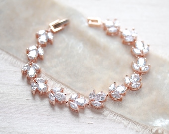 Rose gold Bridal bracelet, Bridal jewelry, CZ Tennis Bracelet, Wedding jewelry, Rose gold jewelry, Leaf Wedding bracelet Bridesmaid bracelet