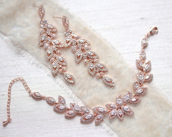 Rose gold jewelry set, Rose gold Bridal earrings, Rose gold Bridal bracelet, Wedding jewelry set, Bridesmaid jewelry, Wedding earrings