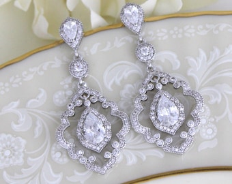 Art Deco Chandelier earrings, CZ Bridal earrings, Chandelier Wedding earrings, Wedding jewelry, Vintage inspired earrings, Crystal earrings