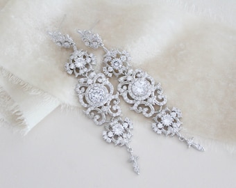 Silver Bridal earrings, Long Wedding earrings, Bridal jewelry, Statement earrings, Cubic zirconia earrings, Statement Wedding jewelry