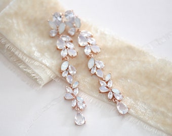 Rose gold Bridal earrings, Long Wedding earrings, Bridal jewelry, White opal earrings, Rose gold Wedding jewelry, Statement earrings