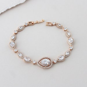 Bridal bracelet, Rose gold bracelet, Bridal jewelry, Tennis bracelet, Cubic zirconia bracelet, Wedding jewelry, Teardrop bracelet