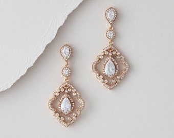 Rose Gold Bridal Earrings Art Deco Chandelier earrings Wedding jewelry Rose Gold Wedding earrings Rose gold crystal earrings