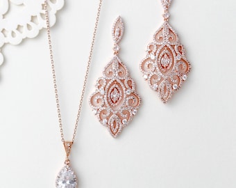 Rose gold Bridal earrings, Cubic zirconia Chandelier earrings, Bridal jewelry set, Rose gold necklace and earrings