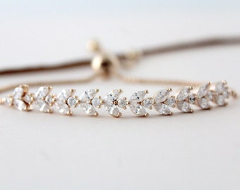 Rose Gold bracelet Wedding jewelry Leaf Bridal bracelet Bridesmaid gift bracelet Crystal bracelet Wedding bracelet Adjustable Slide bracelet