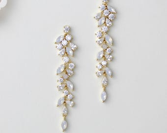 Gold Bridal earrings, White opal crystal earrings for Bride, Long earrings for Wedding, Bridal jewelry