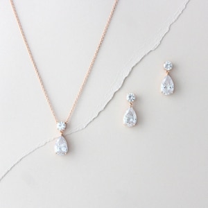 Dainty Rose gold necklace and earring set, Bridal jewelry, Rose gold Bridal necklace set, Rose gold drop earrings, Teardrop crystal jewelry