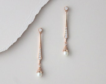 Rose gold bridal earrings Long Wedding earrings Pearl drop earrings Art Deco earrings Wedding jewelry Freshwater pearl earrings for bride