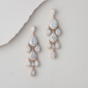 Rose gold Bridal earrings, Long teardrop earrings for Bride, Rose gold Chandelier earrings, Bridal jewelry, Crystal Wedding earrings