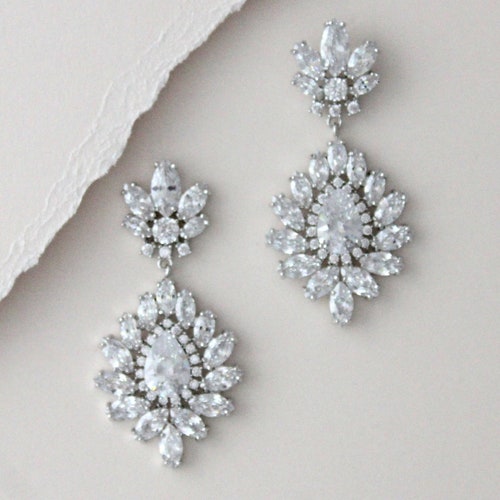 Long Dainty Crystal Drop Earrings Rose Gold Bridal Earrings CZ Etsy