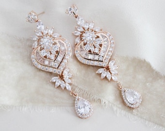 Rose Gold Bridal earrings Long chandelier earrings Bridal  jewelry Statement Wedding earrings Art deco earrings Pearl drop earrings
