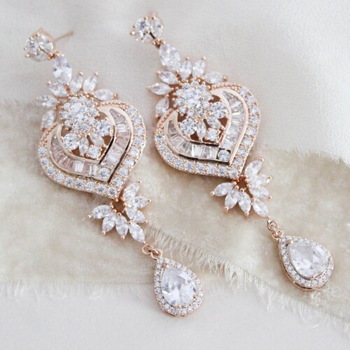 Rose Gold Bridal Earrings Long Chandelier Earrings Bridal | Etsy
