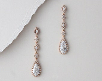 Long dainty crystal drop earrings Rose Gold Bridal earrings CZ Wedding earrings Bridal jewelry Teardrop earrings Bridesmaid earrings