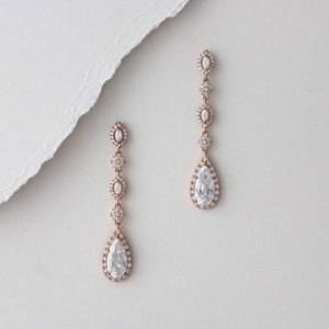 Long dainty crystal drop earrings Rose Gold Bridal earrings CZ Wedding earrings Bridal jewelry Teardrop earrings Bridesmaid earrings