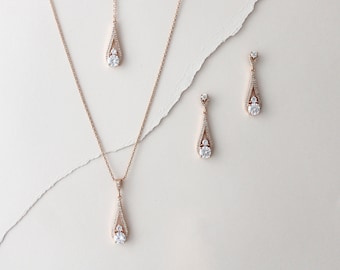 Rose gold Backdrop necklace, Bridal back necklace, Bridal jewelry, Simple back drop necklace, Rose gold Bridal earrings, CZ necklace