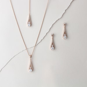 Rose gold Backdrop necklace, Bridal back necklace, Bridal jewelry, Simple back drop necklace, Rose gold Bridal earrings, CZ necklace