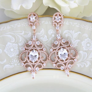 Rose Gold Bridal earrings Rose Gold Chandelier earrings Wedding earrings Wedding jewelry,CZ earrings Wedding accessories Bridesmaid image 3