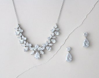 Cubic Zirconia Bridal Jewelry Set: Silver Wedding Necklace and Earrings