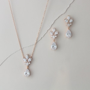 Rose gold necklace set Bridal jewelry Rose gold Bridal earrings Bridesmaid jewelry CZ Drop earrings Crystal necklace Wedding jewelry
