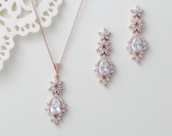 Rose gold Bridal earrings, Rose gold Wedding necklace, Bridal jewelry set, Necklace and earrings for Wedding, Bridesmaid jewelry set