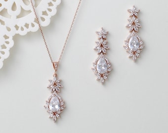 Rose gold Bridal earrings, Bridal jewelry set, Rose gold Wedding necklace, Necklace and earrings for Wedding, Bridesmaid jewelry set