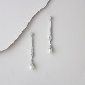 Long Bridal earrings Pearl drop Wedding earrings Art Deco earrings Wedding jewelry Crystal earrings Freshwater pearl earrings Dangle earring image 1