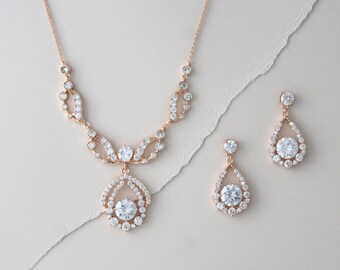 Rose Gold Necklace and earring set Bridal jewelry set Vintage style necklace set Crystal drop earrings Wedding jewelry set Backdrop necklace
