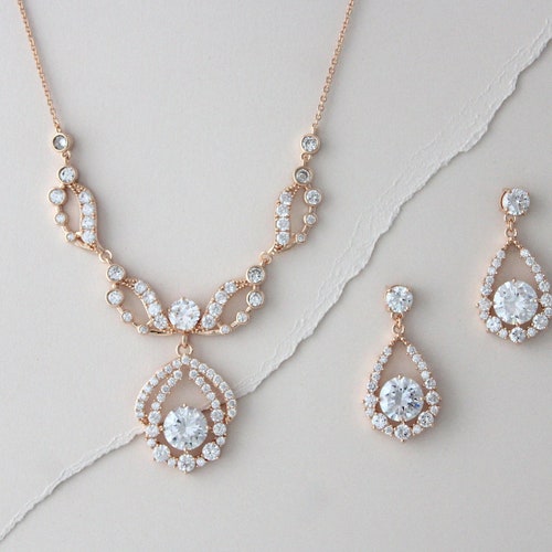 Rose Gold Wedding Earrings Necklace Set Crystal Jewelry Set - Etsy