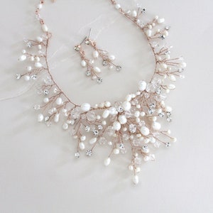 Rose gold Bridal necklace, Pearl Wedding necklace, Bridal jewelry, Pearl necklace, Rose gold necklace Statement necklace Wedding Jewelry set