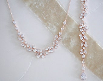 Rose gold Backdrop necklace, Bridal Back necklace, Bridal jewelry, Bridal Y necklace, Rose gold Wedding jewelry, Necklace for Bride