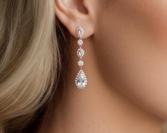 Long dainty crystal drop earrings, Rose Gold Bridal earrings, CZ Wedding earrings, Bridal jewelry Teardrop earrings for Bride, Wedding day