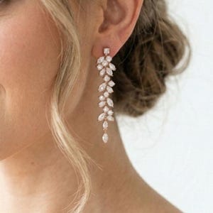 Long Rose gold earrings Dainty Bridal earrings Bridal jewelry Bridesmaid earrings CZ dangle earrings Wedding jewelry Crystal drop earrings