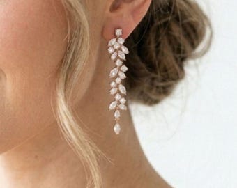 Long Rose gold earrings Dainty Bridal earrings Bridal jewelry Bridesmaid earrings CZ dangle earrings Wedding jewelry Crystal drop earrings