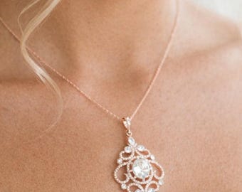 Rose Gold Bridal Necklace, Swarovski Crystal Pendant necklace, Wedding Jewelry for Bride