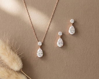 Dainty Rose gold necklace and earring set, Bridal jewelry, Rose gold Bridal necklace set, Rose gold drop earrings, Teardrop crystal jewelry