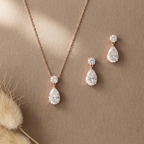 Dainty Rose gold necklace and earring set, Bridal jewelry, Rose gold Bridal necklace set, Rose gold drop earrings, Teardrop crystal jewelry