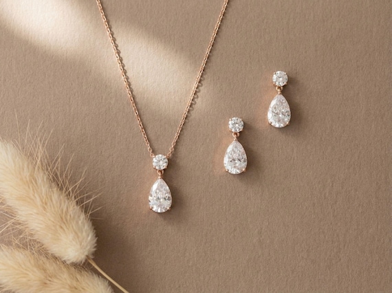 Dainty Rose Gold Necklace and Earring Set, Bridal Jewelry, Rose Gold Bridal Necklace Set, Rose Gold Drop Earrings, Teardrop Crystal Jewelry
