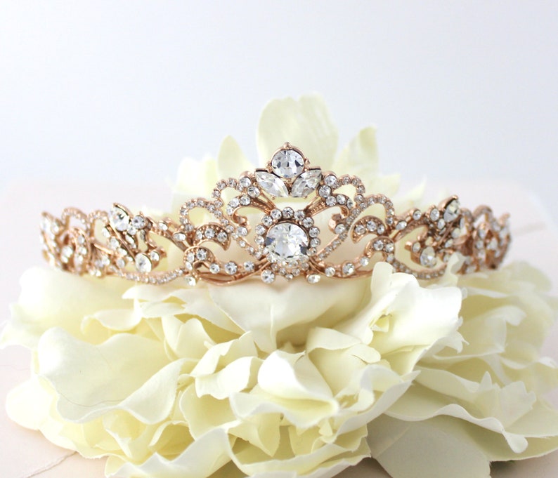 Rose gold Bridal tiara Rose gold Wedding crown Rhinestone crystal tiara Vintage style wedding tiara Bridal headband headpiece image 7