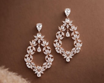 Rose gold Bridal earrings, Statement chandelier earrings for Wedding, Bridal jewelry
