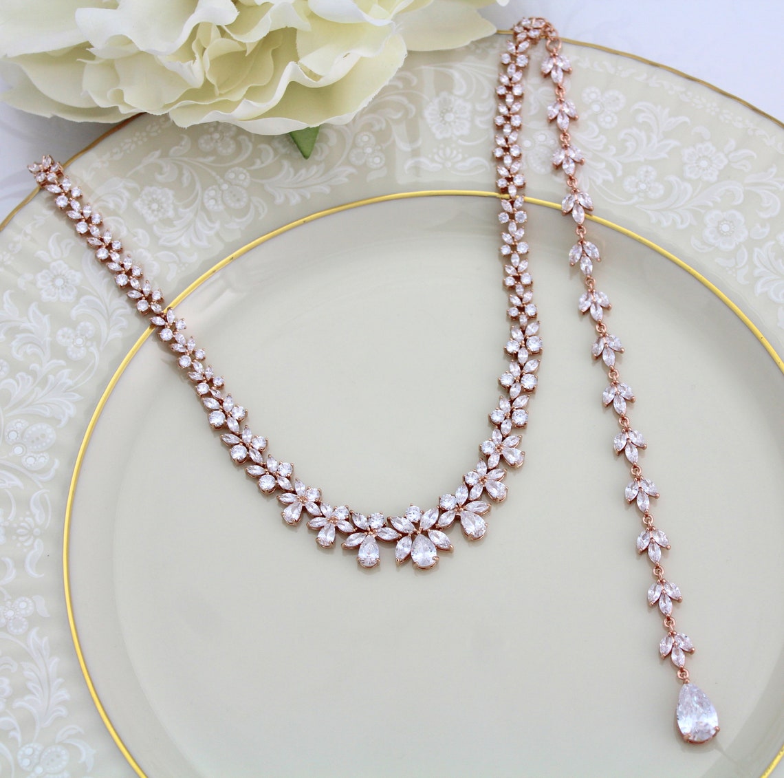 Rose Gold Backdrop Necklace Bridal Back Necklace Bridal Etsy