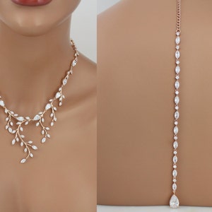 Rose gold Backdrop necklace, Bridal back necklace, Wedding jewelry, Back drop necklace, Statement necklace set, Rose gold Bridal earrings