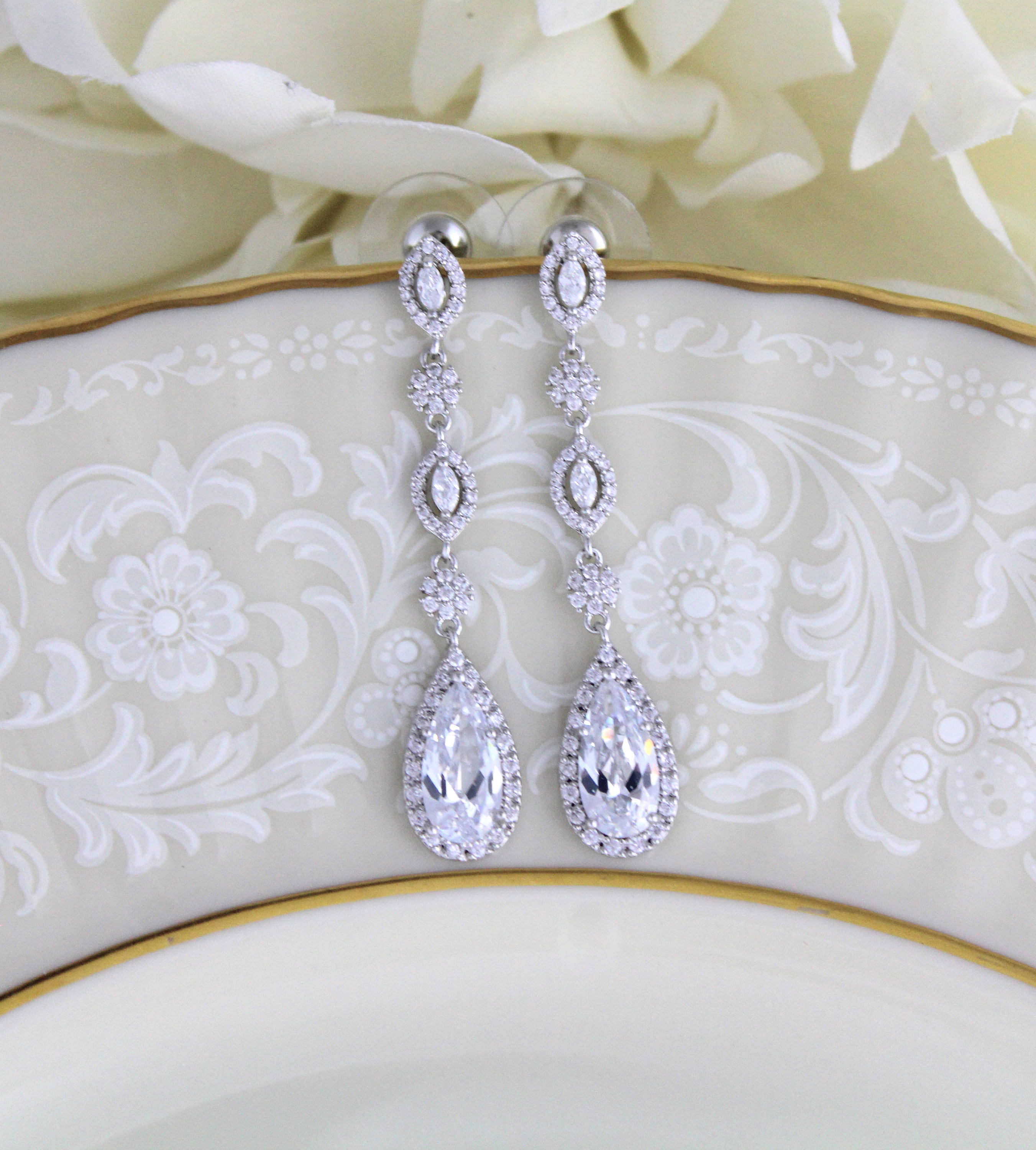 Diamond Bridal Earrings Gold Wedding Tear Drops Bridesmaid Jewelry Gifts E2418 CZ CRYSTAL TEARDROPS Big Cubic Zirconia Heart Dangles