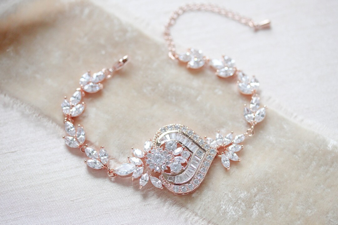 Rose Gold Wedding Bracelet, Cubic Zirconia Bracelet, Bridal Jewelry