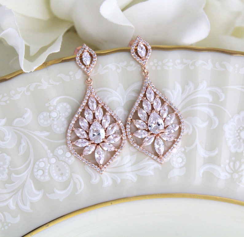 Rose Gold Bridal Earrings Crystal Drop Earrings Bridal Jewelry - Etsy