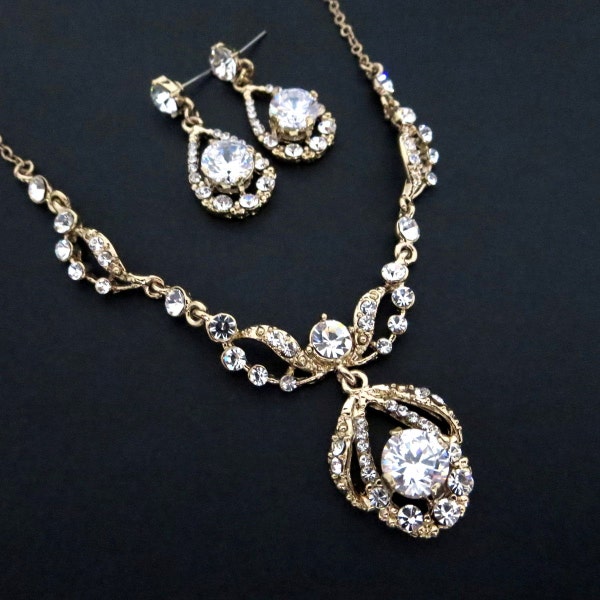 Gouden bruiloft sieraden SET gouden Strass ketting en oorbellen bruids juwelen set kristal ketting Crystal Oorbellen bruidsmeisje sieraden cadeau