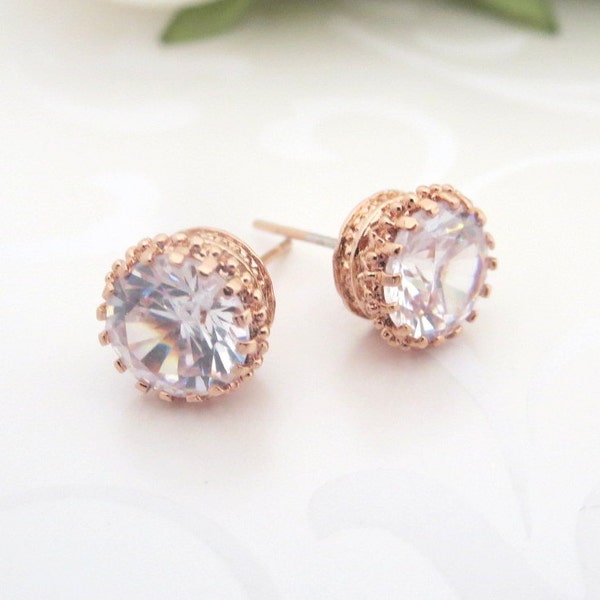 Rose gold stud earrings, Bridal earrings, Crystal stud earrings, Bridesmaid jewelry, Wedding jewelry, Rose Gold earrings, Simple earrings