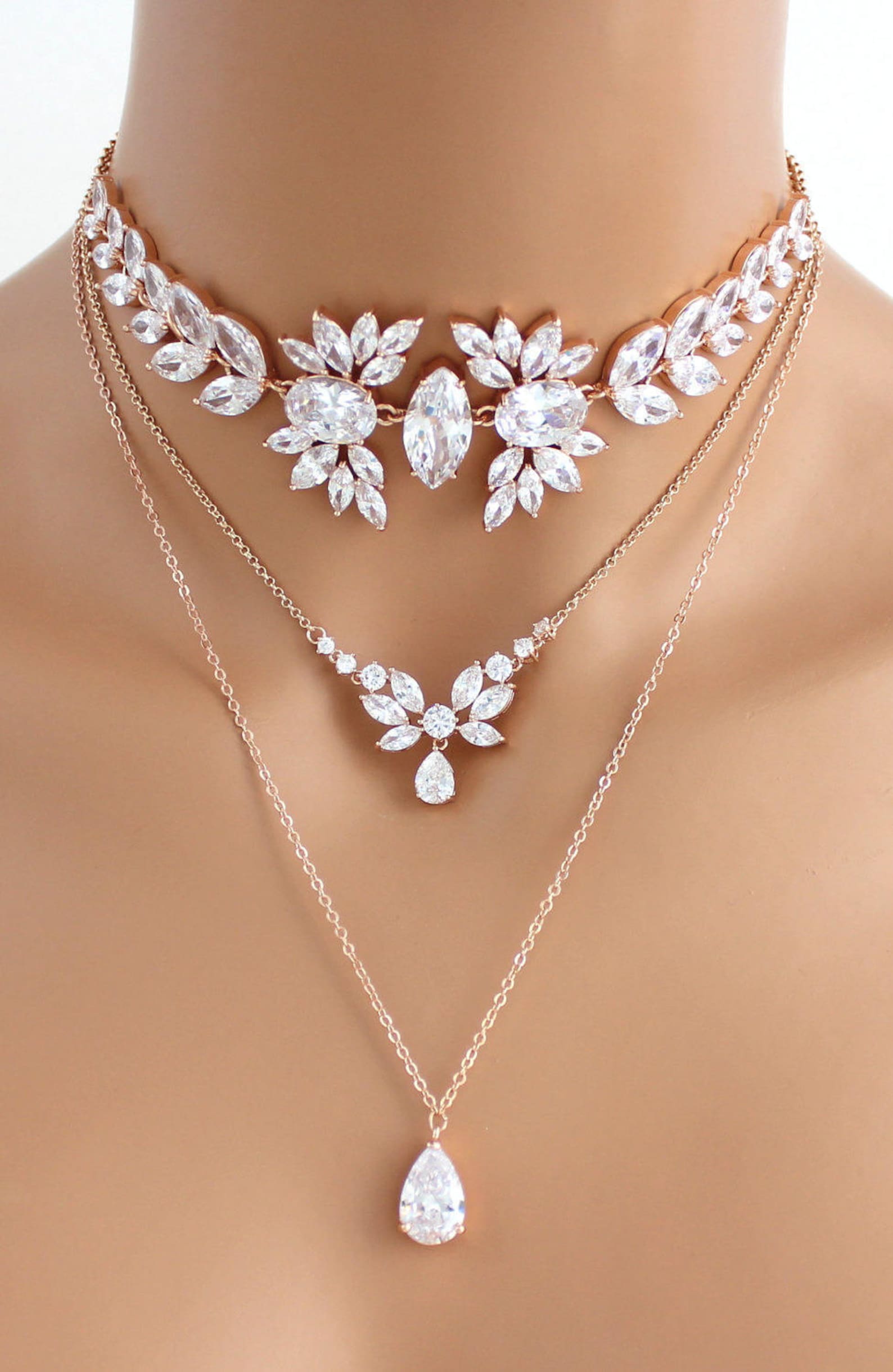 Rose Gold Layered Necklace Bridal Necklace Bridal Jewelry Rose Gold