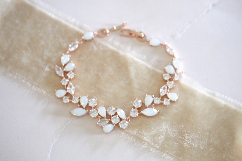 Rose gold Bridal bracelet, Bridal jewelry, White opal Wedding bracelet, Cubic zirconia bracelet, Bridesmaid bracelet, Wedding jewelry rose gold