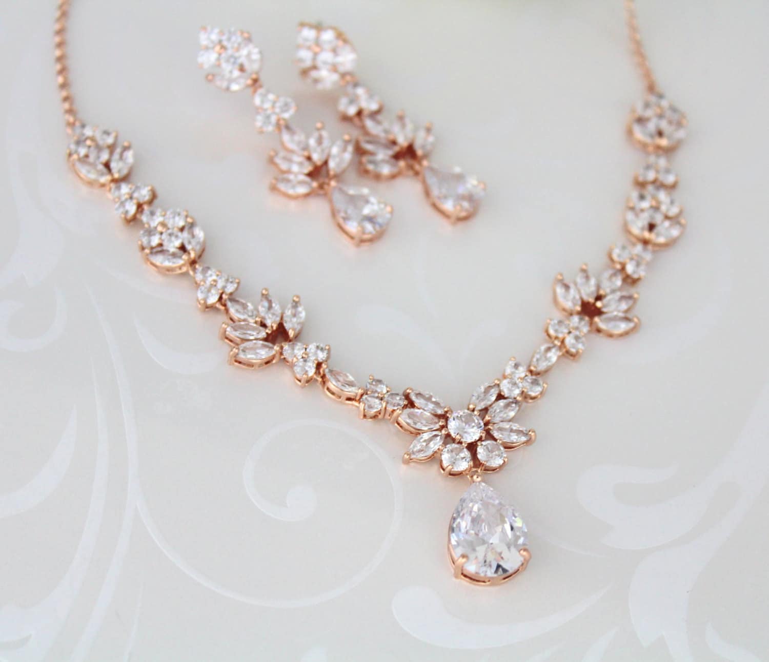 Rose Gold Bridal Necklace and Earring Set Bridal Jewelry Set - Etsy UK